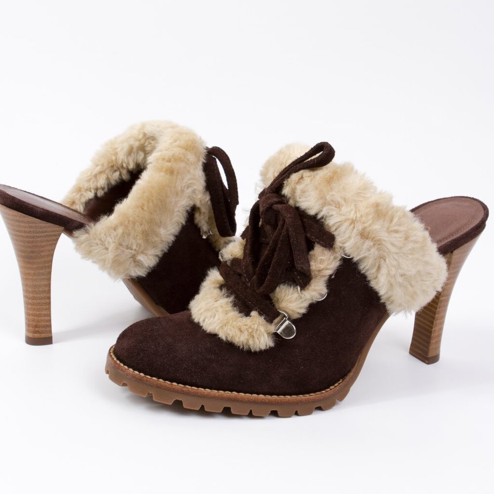 Gianni Bini Brown Suede Rugged Sole Slip-on Heels with Furry Cuffs - Size 6